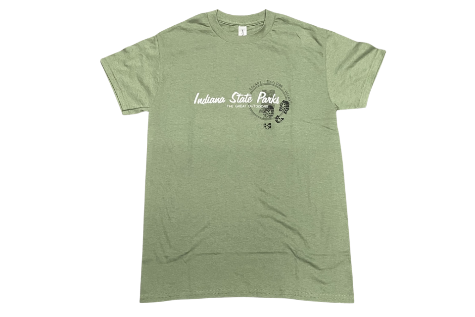 Green t-shirt with 'Indiana State Parks' in white text