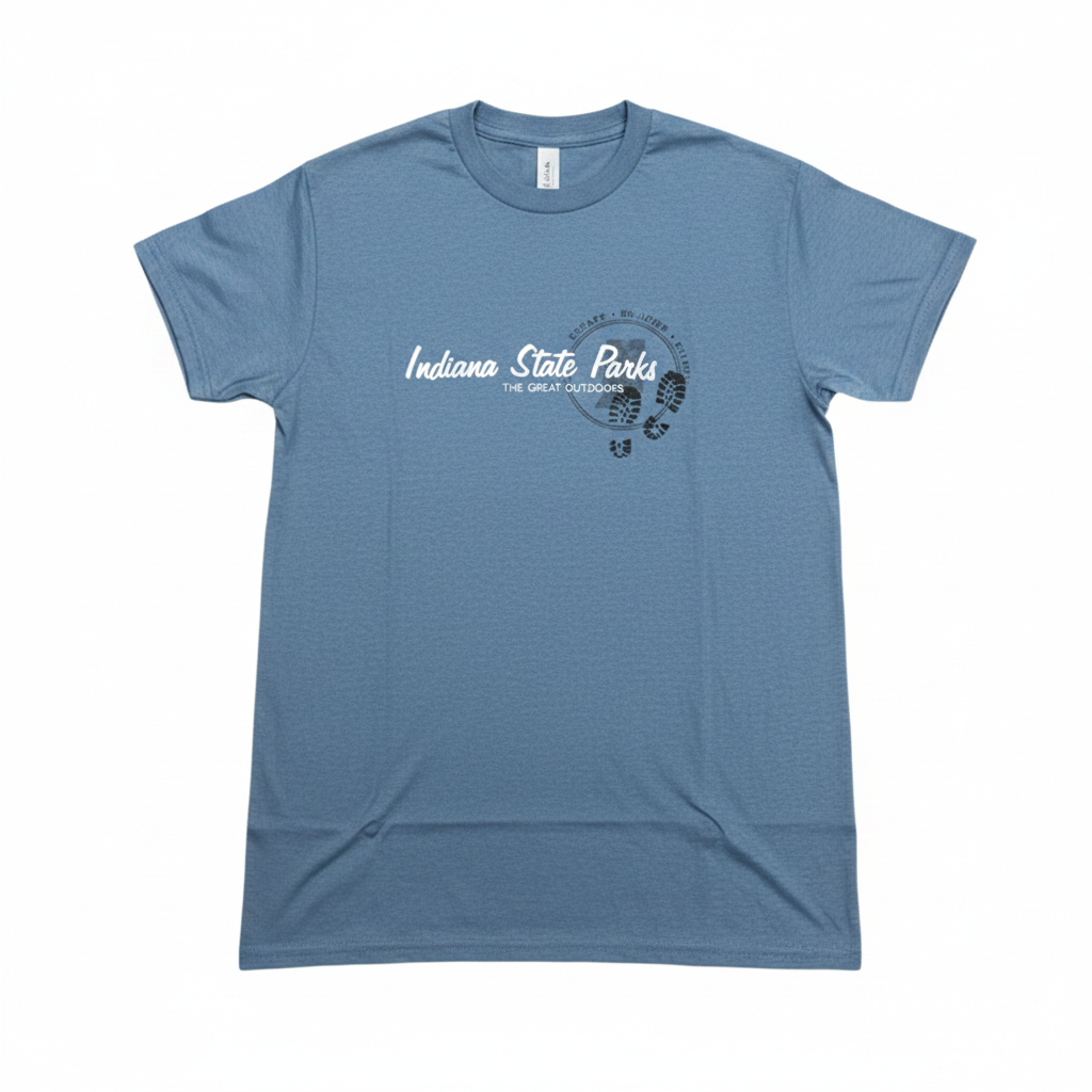Blue t-shirt with 'Indiana State Parks' in white text