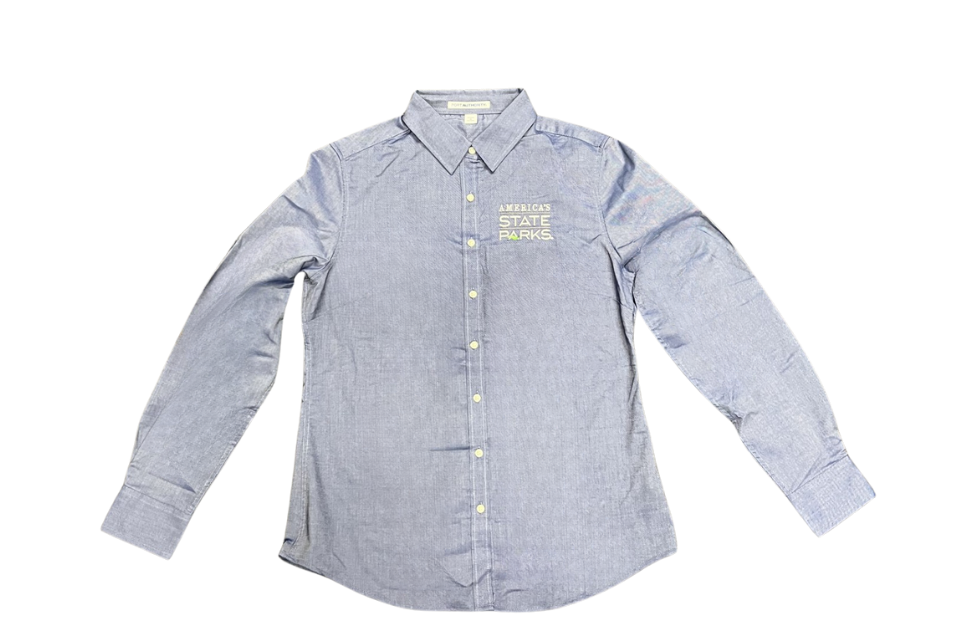 Women's blue long-sleeve button-up shirt with 'America's State Parks' logo in white text