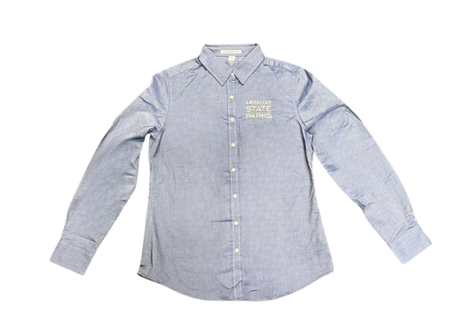 Women's blue long-sleeve button-up shirt with 'America's State Parks' logo in white text