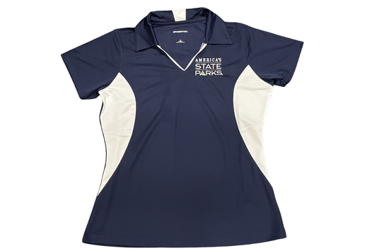 Women's navy and white polo shirt with 'America's State Parks' logo in white text
