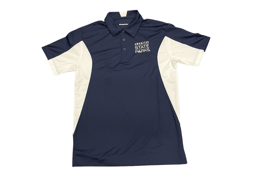 Men's navy and white polo shirt with 'America's State Parks' logo in white text