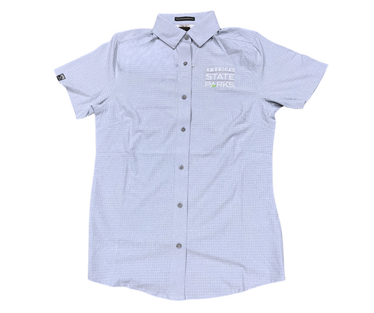 Women's light blue uv short-sleeve button-up shirt with 'America's State Parks' logo in white text