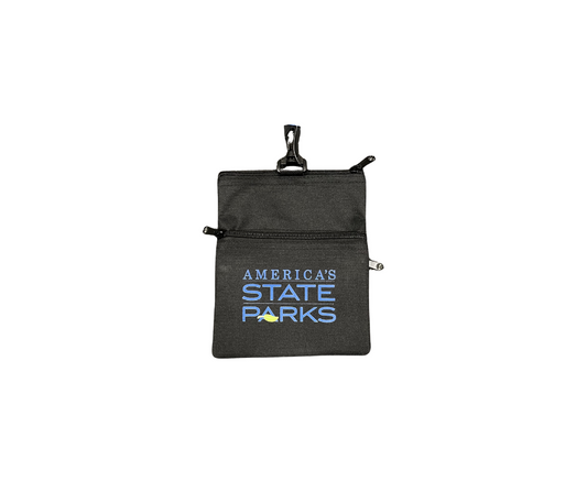 Black three zipper pouch with 'America's State Parks' in blue text on a white background