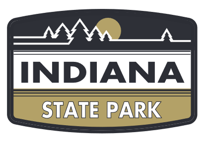 Logo for Indiana State Park with mountains and sun design.